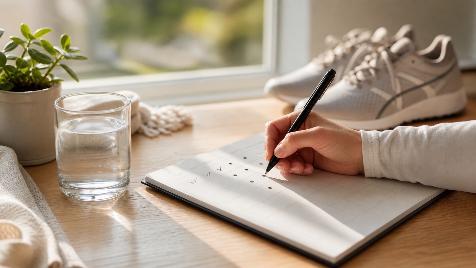 A man makes marks on a habit chart in the morning light, water and sports shoes are next to him