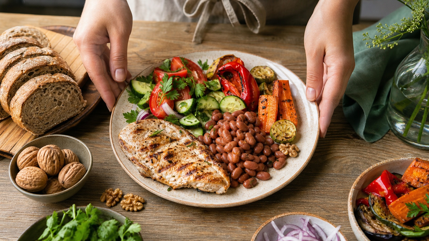 Balanced plate with vegetables, beans, chicken, wholemeal bread and walnuts