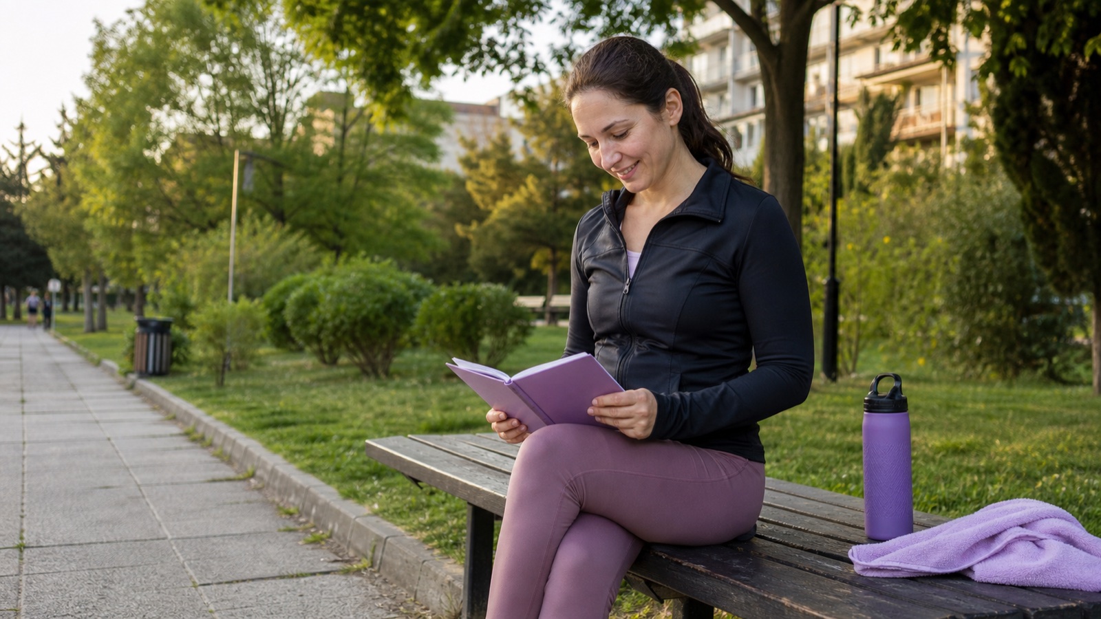 A woman checks her exercise diary after a walk in Tbilisi Green Park