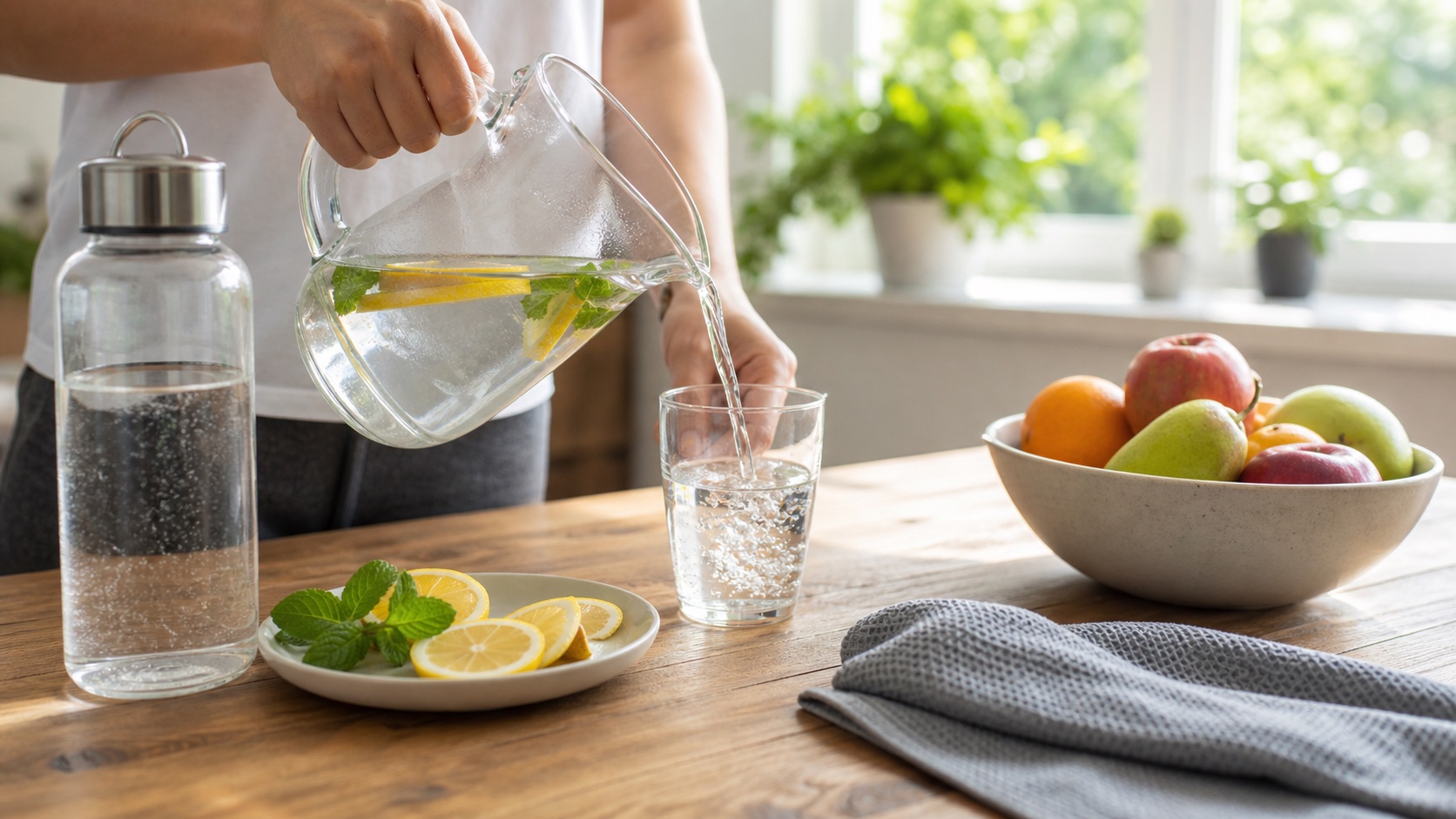 A man pours water into a glass in a bright kitchen, with fruit lying next to it