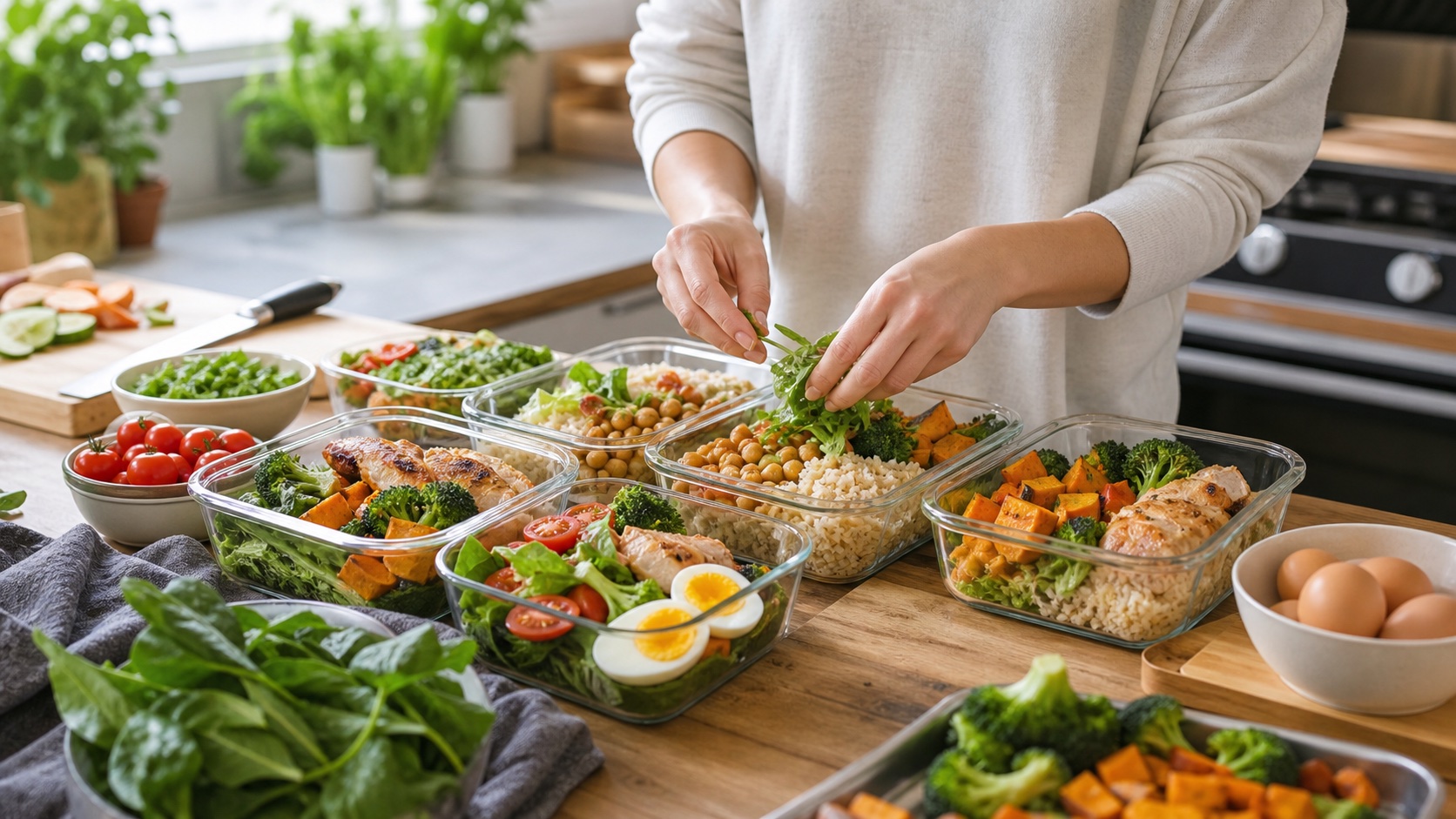 A person in the kitchen distributes healthy food for the week in glass containers