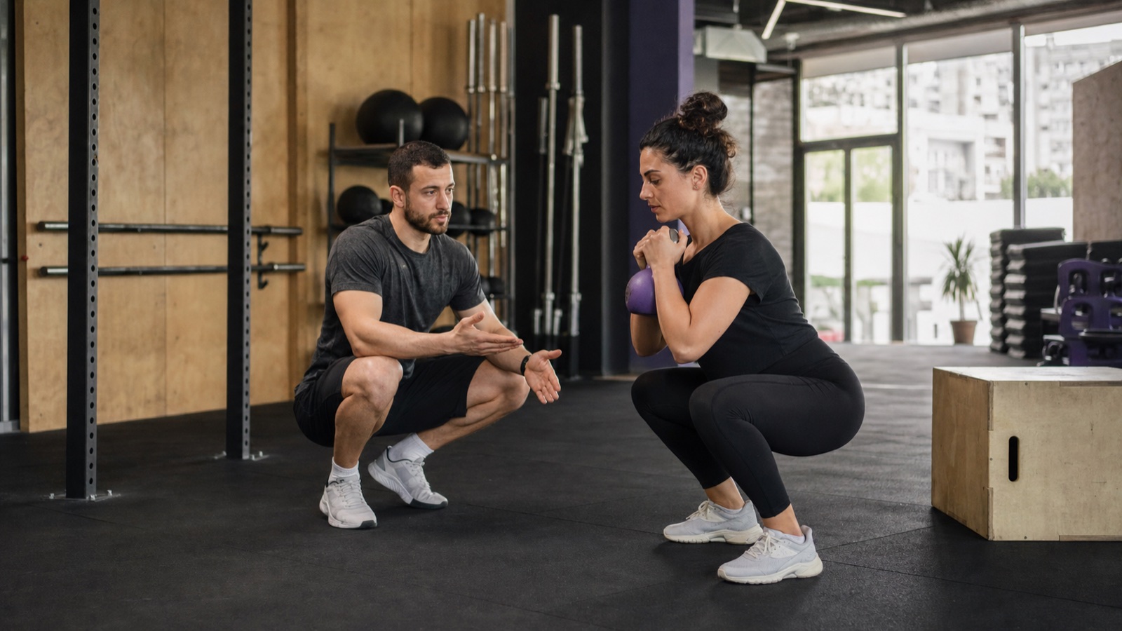 A personal trainer explains to a woman the correct technique for squatting with a light weight