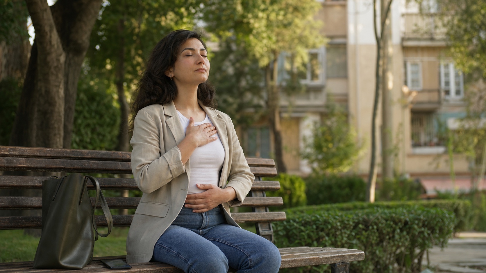 A man sits on a bench in a small city garden and breathes calmly